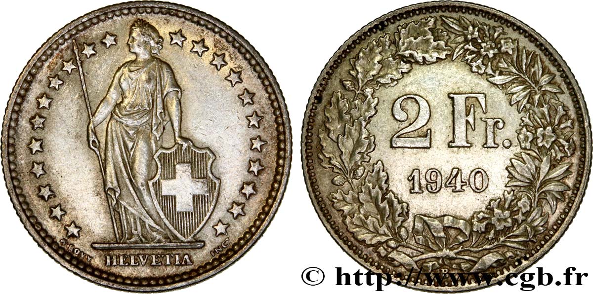SVIZZERA  2 Francs Helvetia 1940 Berne  SPL 