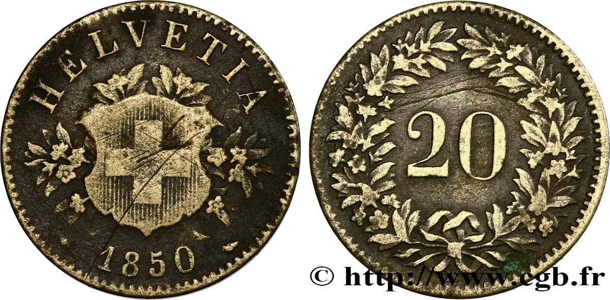 SVIZZERA  20 Centimes (Rappen) 1850 Strasbourg - BB q.BB 