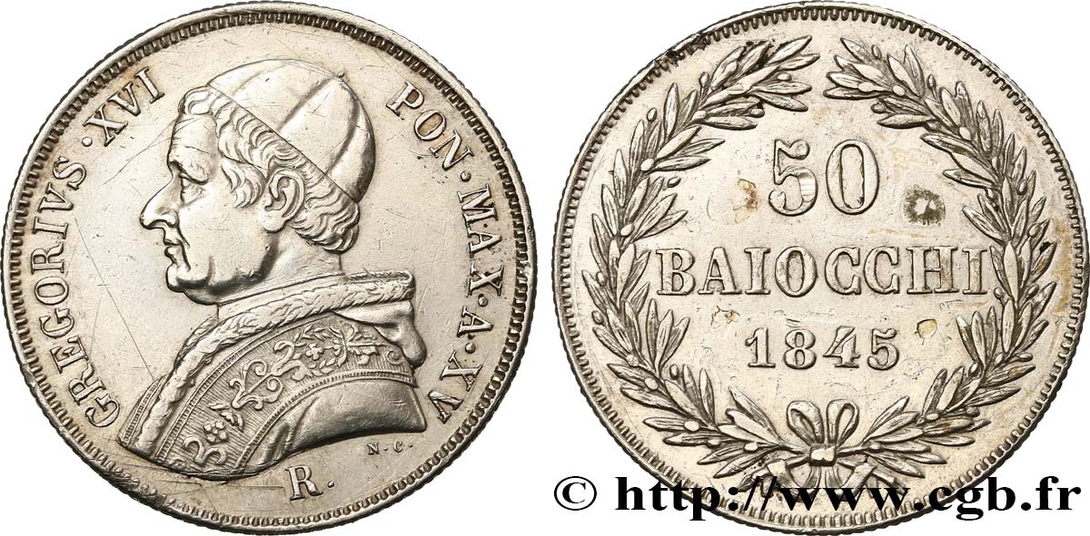 VATICAN - GRÉGOIRE XVI 50 Baiocchi an XV 1845 Rome TTB+ 