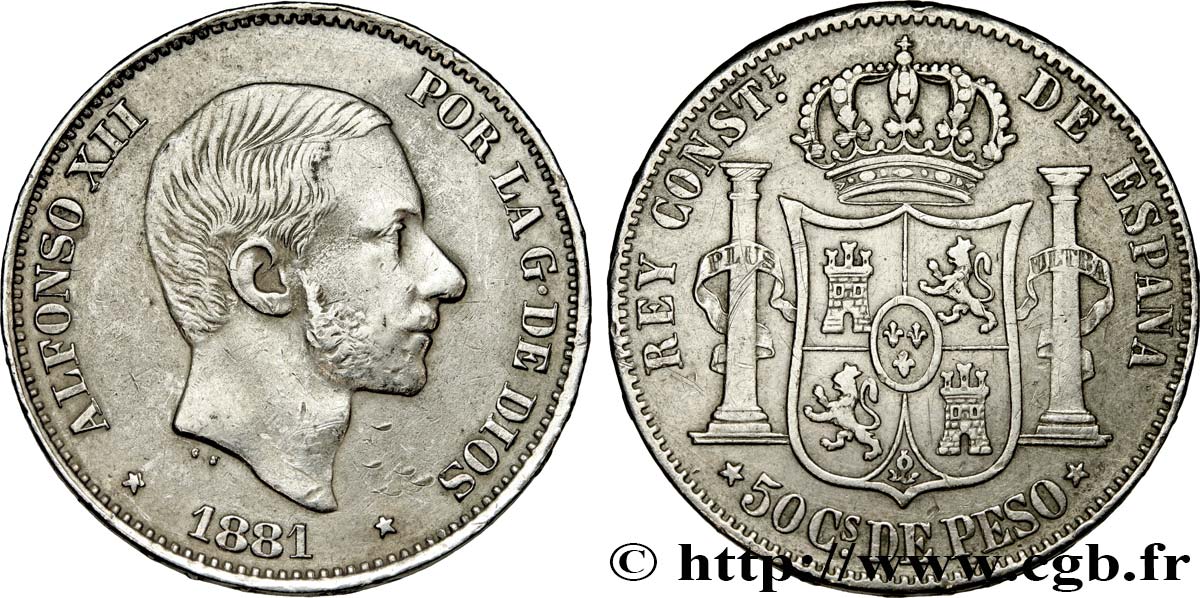 PHILIPPINEN 50 Centimos de Peso Alphonse XII 1881 Manille fVZ 