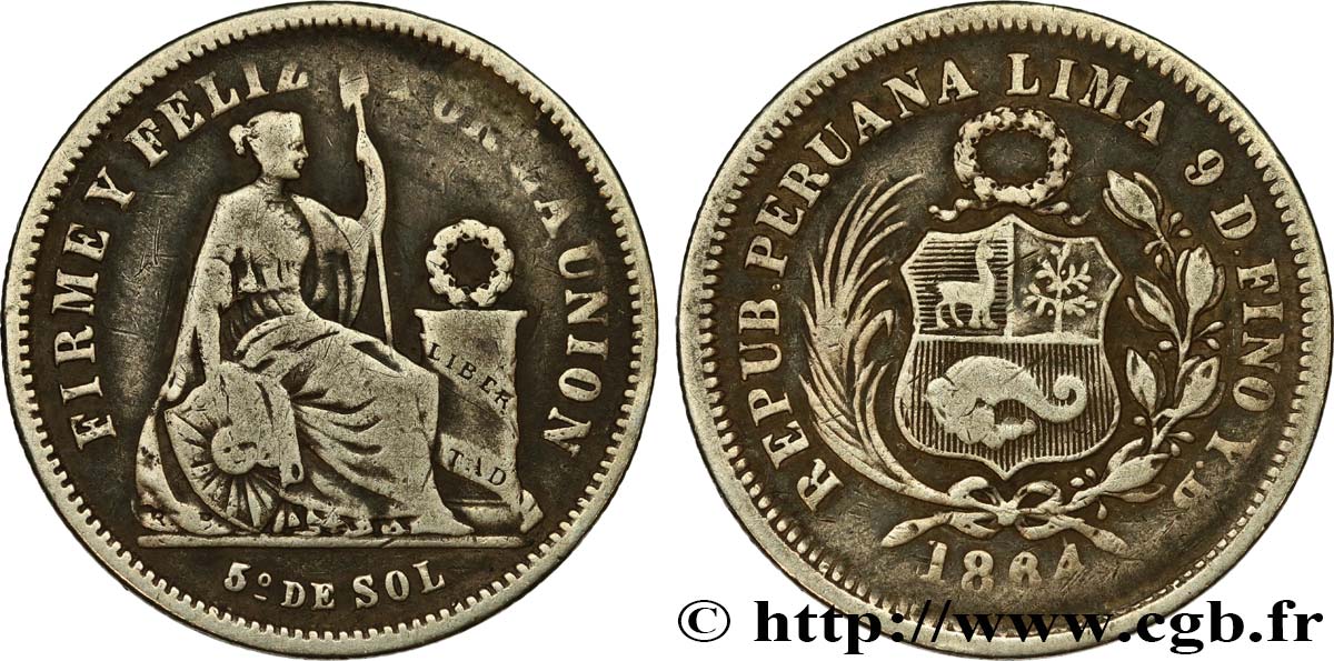 PERú 1/5 Sol “Liberté” assise 1864 Lima BC+/MBC 