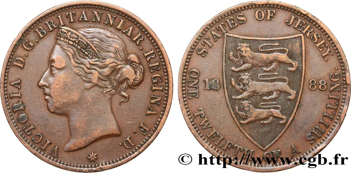 JERSEY 1/12 Shilling Reine Victoria / armes du Baillage de Jersey 1888  TB+ 
