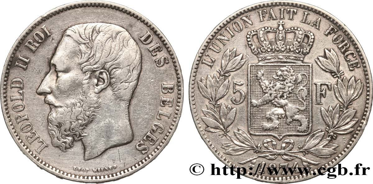 BELGIQUE 5 Francs Léopold II 1874  TB+ 