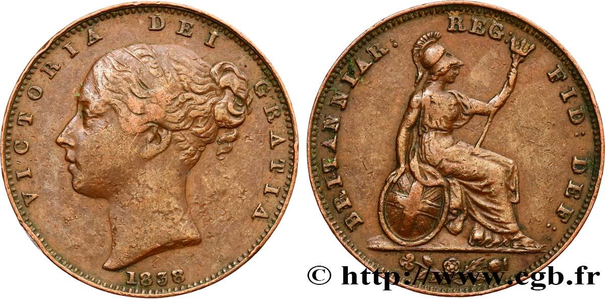 UNITED KINGDOM 1 Farthing Victoria “tête jeune” 1838  VF 