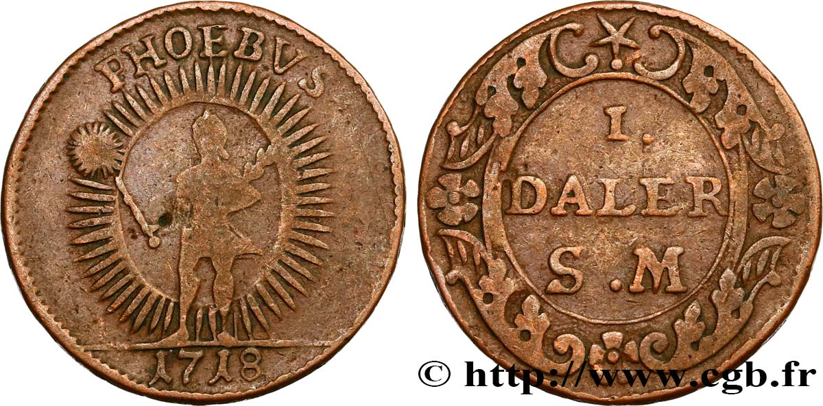 SWEDEN 1 Daler “Phoebus” 1718  VF 