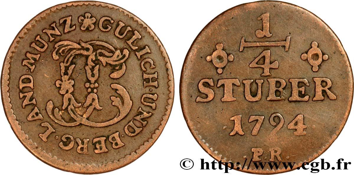 ALLEMAGNE - JULIERS-BERG 1/4 Stuber Duché de Jülich-Berg monogramme de Carl Théodore de Bavière 1794 Düsseldorf TB+ 