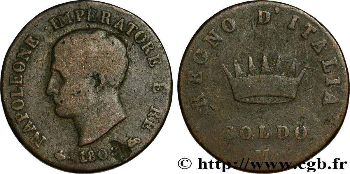 ITALIE - ROYAUME D ITALIE - NAPOLÉON Ier 1 Soldo 1808 Milan B+ 