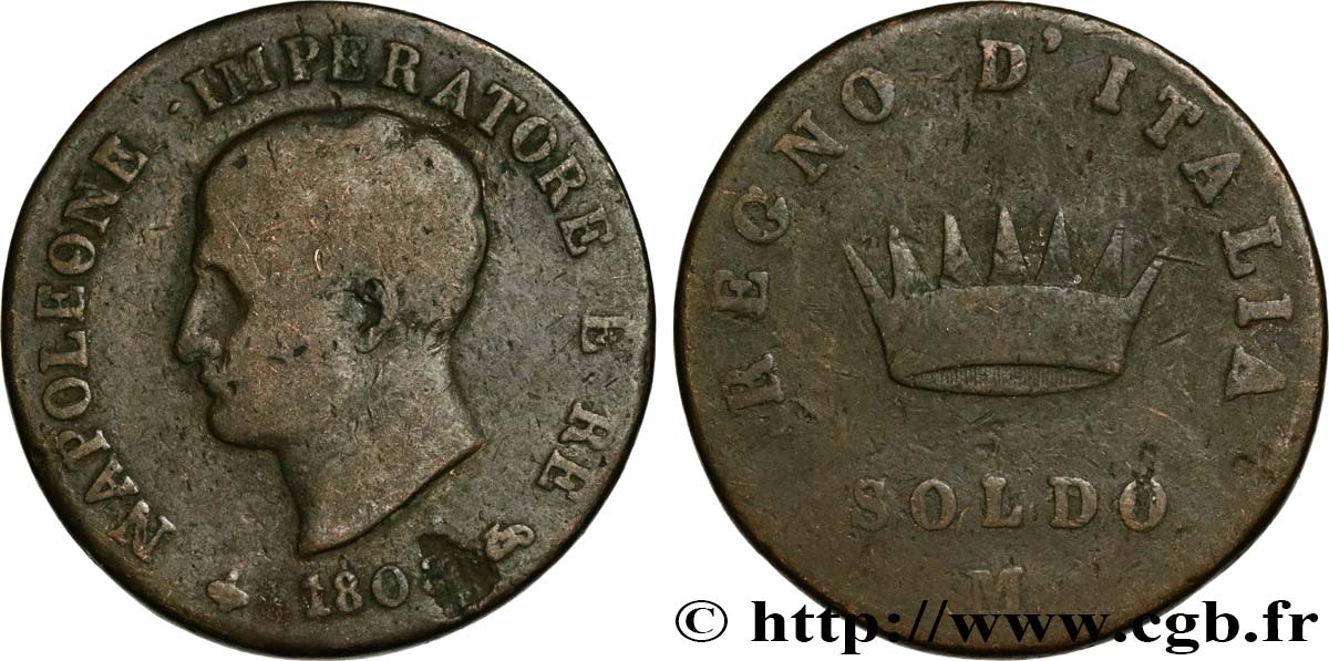 ITALIA - REINO DE ITALIA - NAPOLEóNE I 1 Soldo 1808 Milan RC+ 