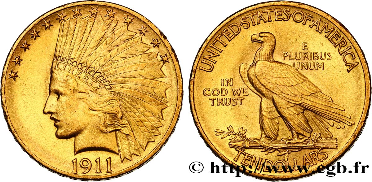 ÉTATS-UNIS D AMÉRIQUE 10 Dollars  Indian Head , 2e type 1911 Philadelphie TTB+/SUP 