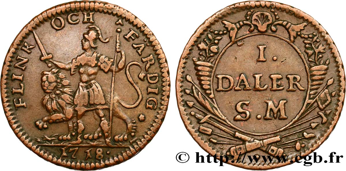 SWEDEN 1 Daler au nom de Charles XII 1718  XF 