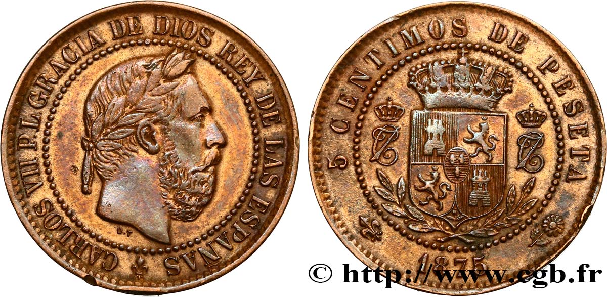 SPAIN 5 Centimos Charles VII (Charles de Bourbon, prétendant carliste) 1875 Oñate XF 
