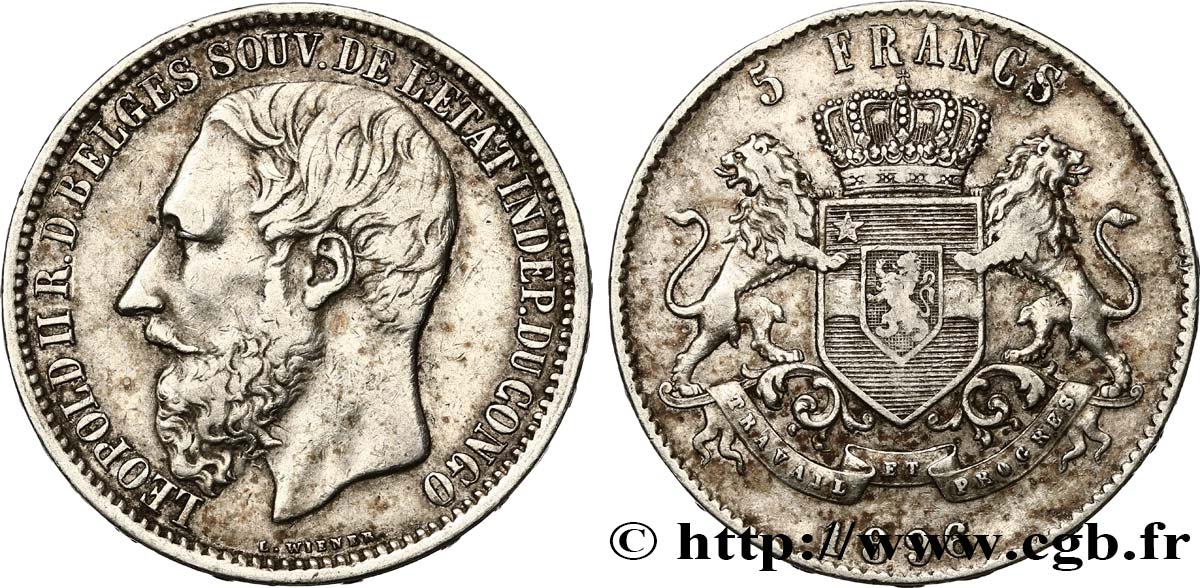 CONGO - ÉTAT INDÉPENDANT DU CONGO - LÉOPOLD II 5 Francs 1896/4 Bruxelles TB+ 