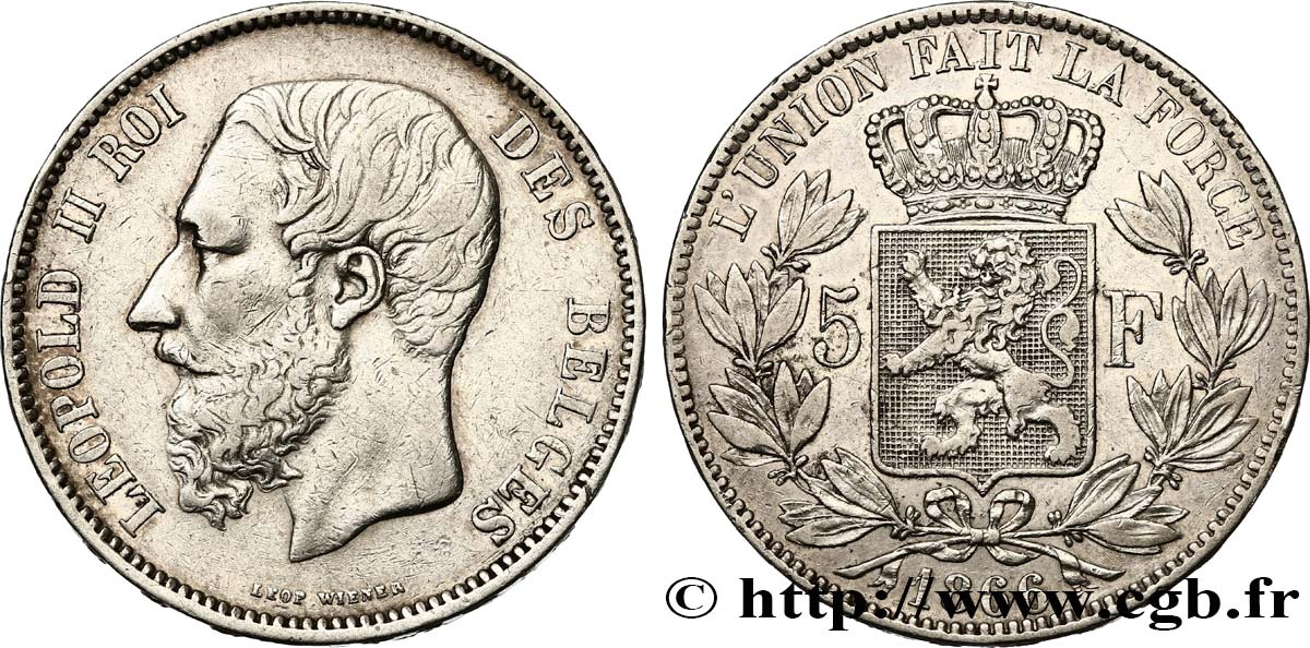 BELGIUM - KINGDOM OF BELGIUM - LEOPOLD II 5 Francs 1866  VF/XF 