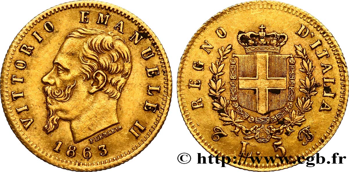 ITALY - KINGDOM OF ITALY - VICTOR-EMMANUEL II 5 Lire 1863 Turin  AU 
