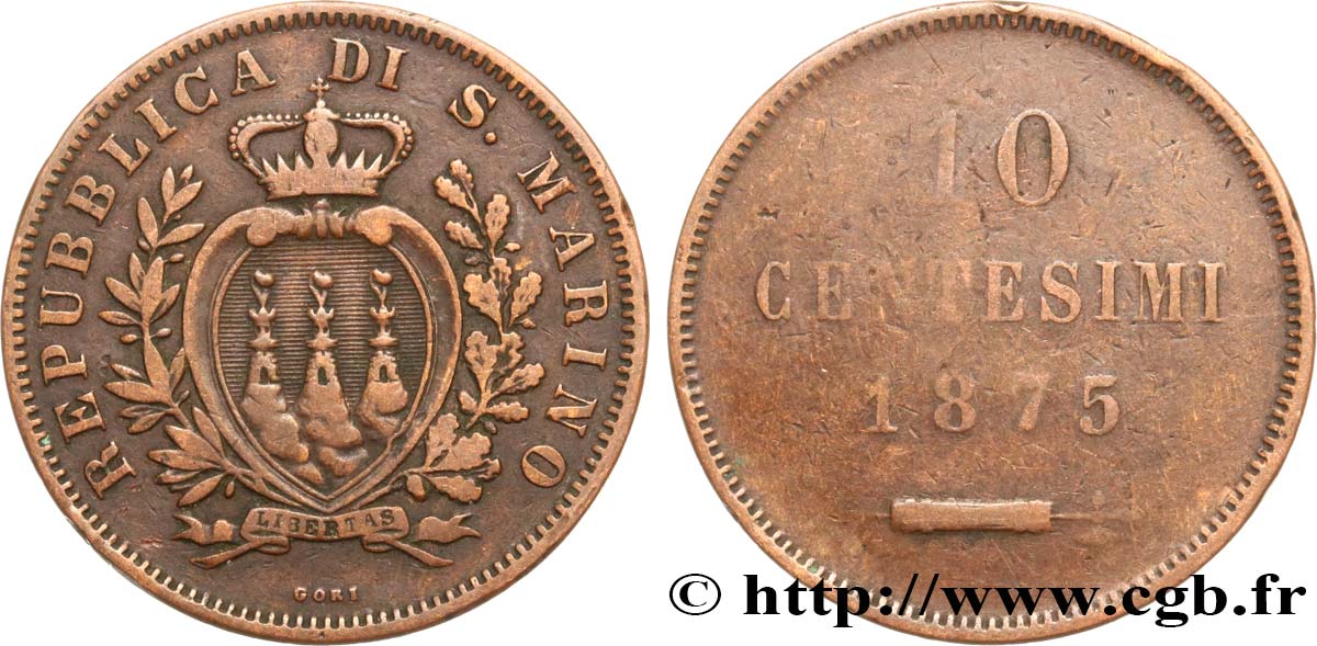 SAINT-MARIN 10 Centesimi écu aux trois tours 1875 Milan TB 