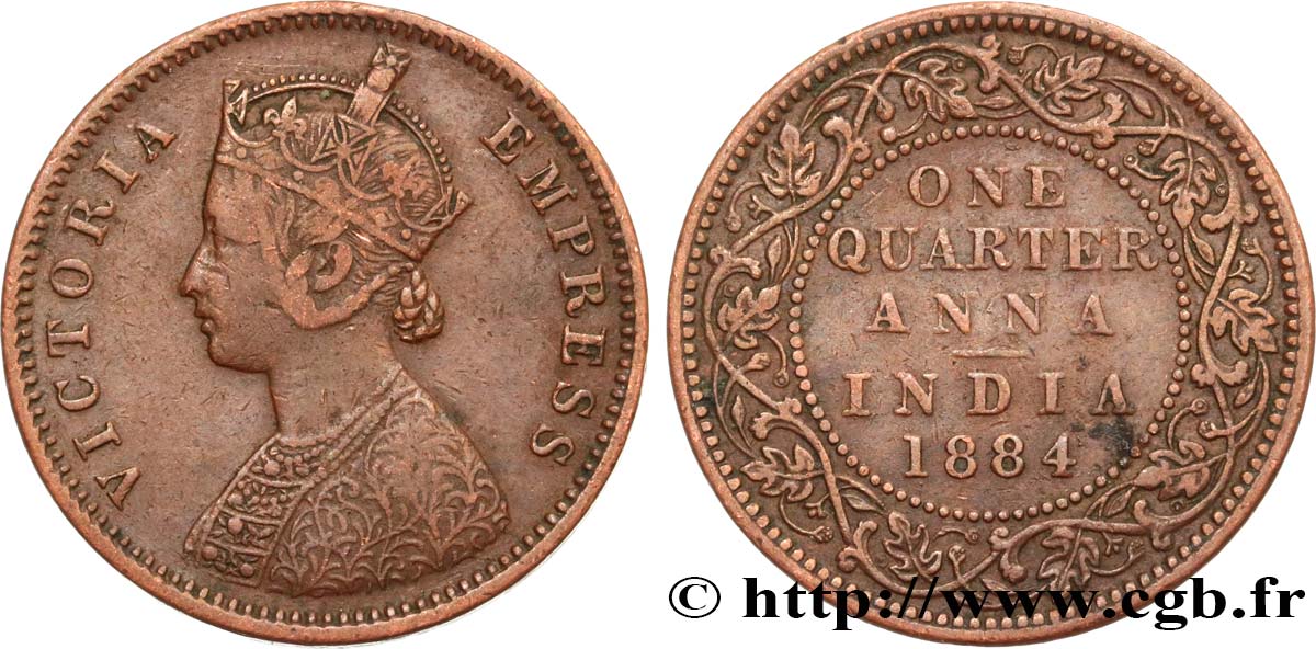 INDES BRITANNIQUES 1/4 Anna Victoria 1884 Bombay TB+ 