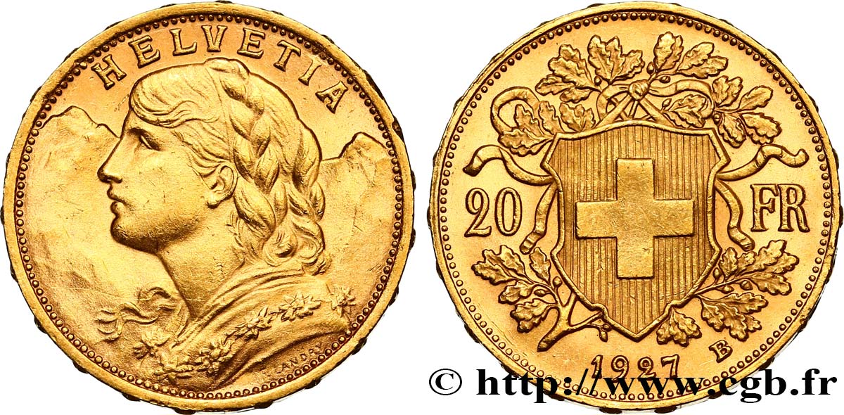 SWITZERLAND 20 Francs or  Vreneli  1927 Berne AU 