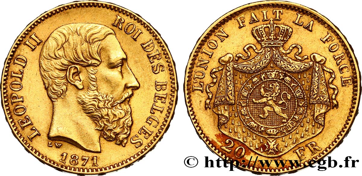 BÉLGICA 20 Francs Léopold II 1871 Bruxelles MBC+ 