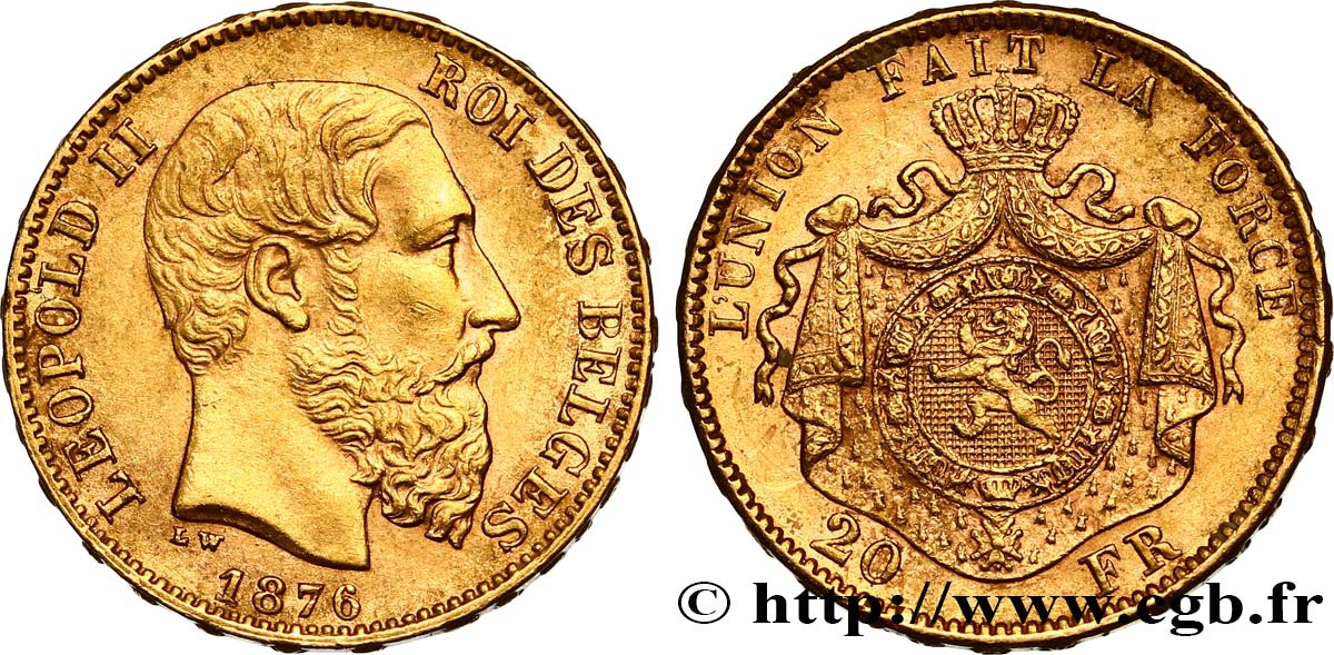 BÉLGICA 20 Francs Léopold II 1876 Bruxelles MBC+ 