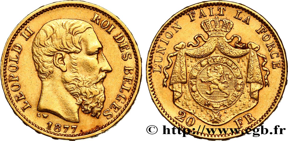 BELGIUM 20 Francs Léopold II 1877 Bruxelles XF 