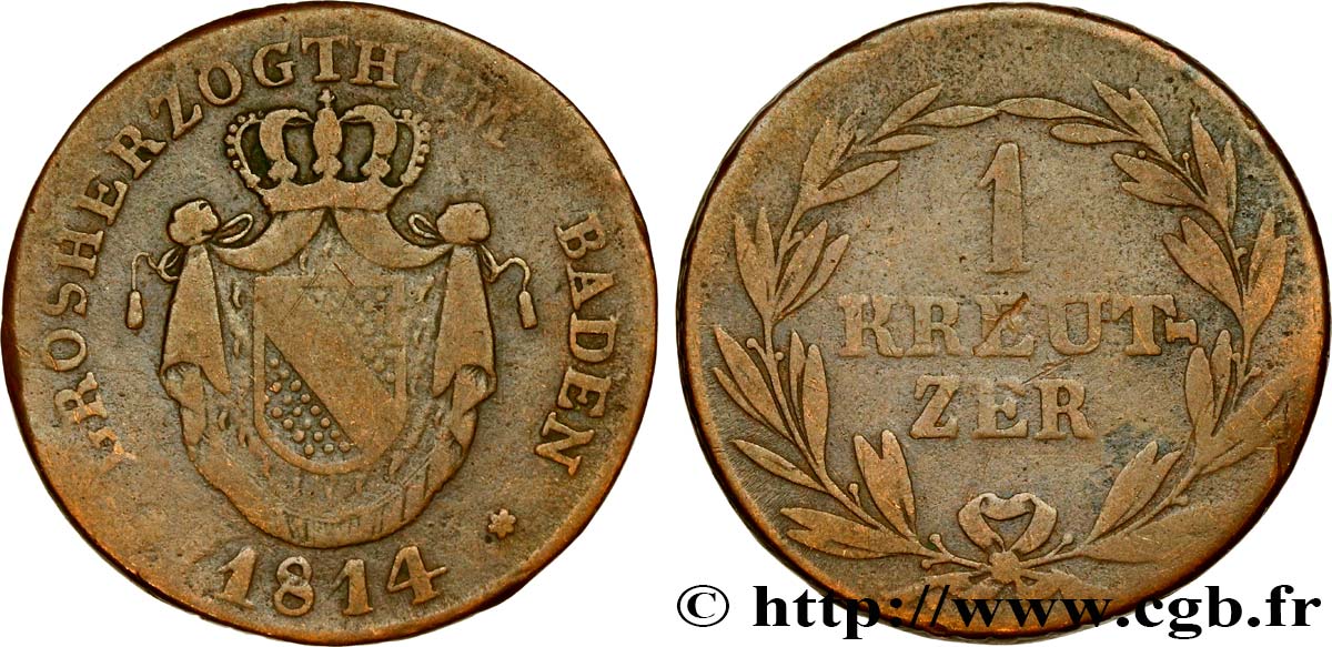 ALLEMAGNE - BADE 1 Kreuzer Grand-Duché de Bade manteau d’armes couronné 1814 Mannheim TB 