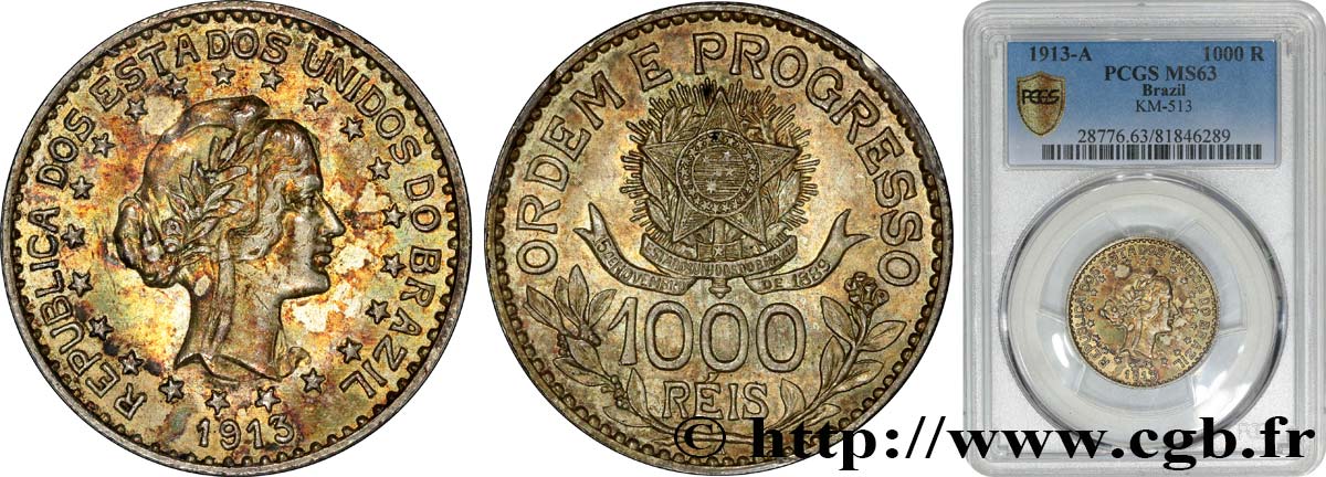 BRAZIL 1000 Reis “Liberté” 1913  MS63 PCGS