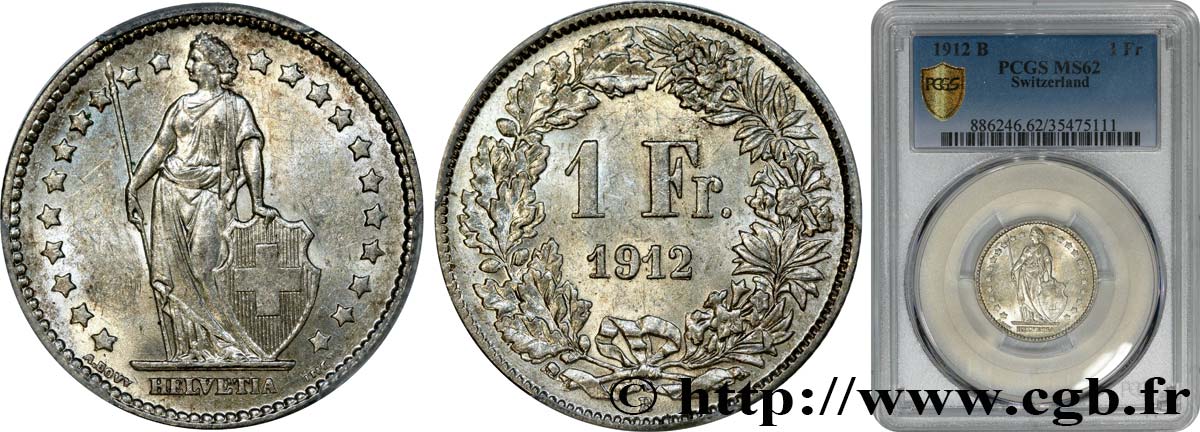SUIZA 1 Franc Helvetia 1912 Berne EBC62 PCGS