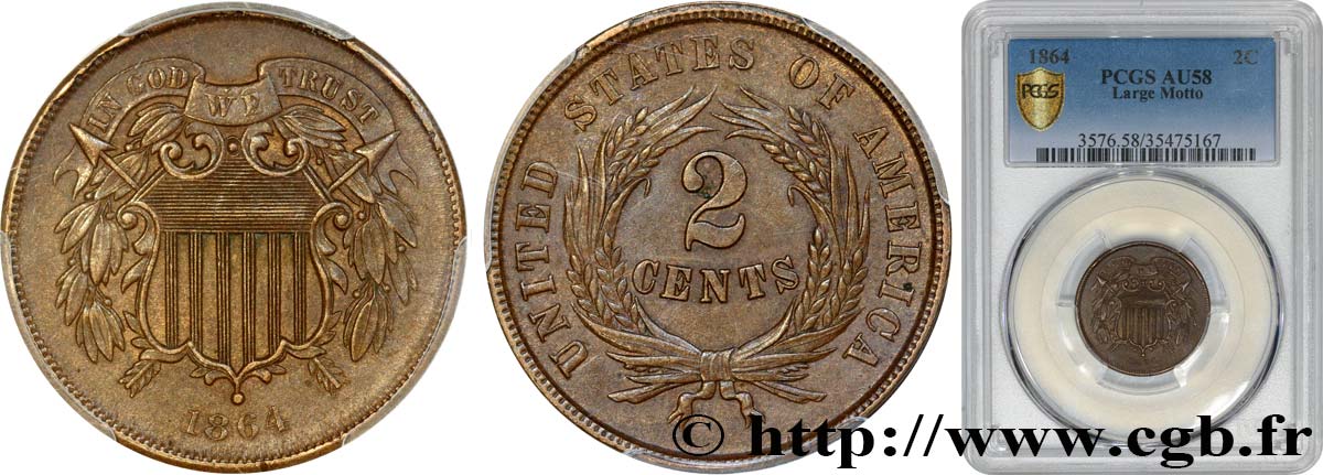 UNITED STATES OF AMERICA 2 Cents 1864 Philadelphie AU58 PCGS