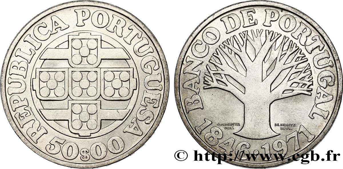 PORTOGALLO 50 Escudos 125e anniversaire de la banque centrale du portugal 1971  SPL 