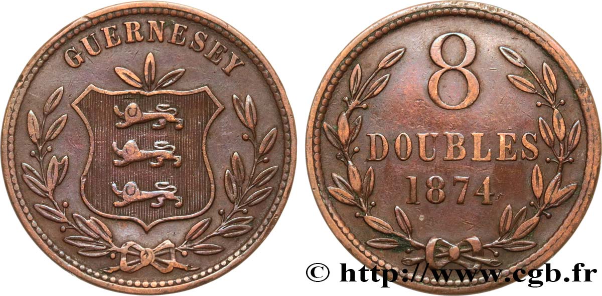 GUERNESEY 8 Doubles armes du baillage de Guernesey 1874 Heaton TTB 