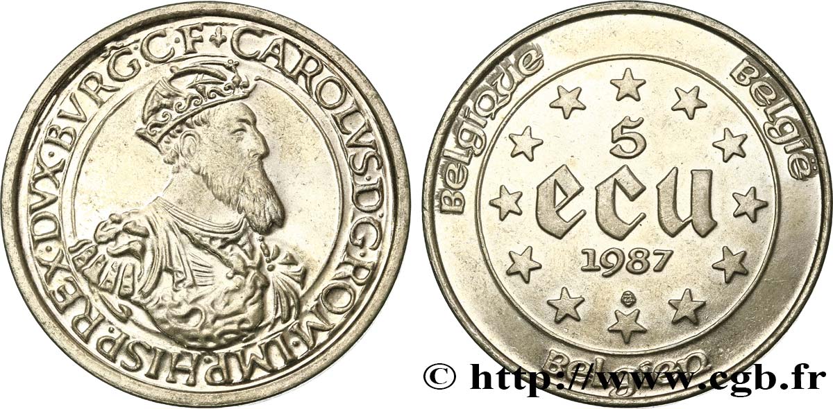 BELGIQUE 5 Ecu Charles Quint 1987  SPL 