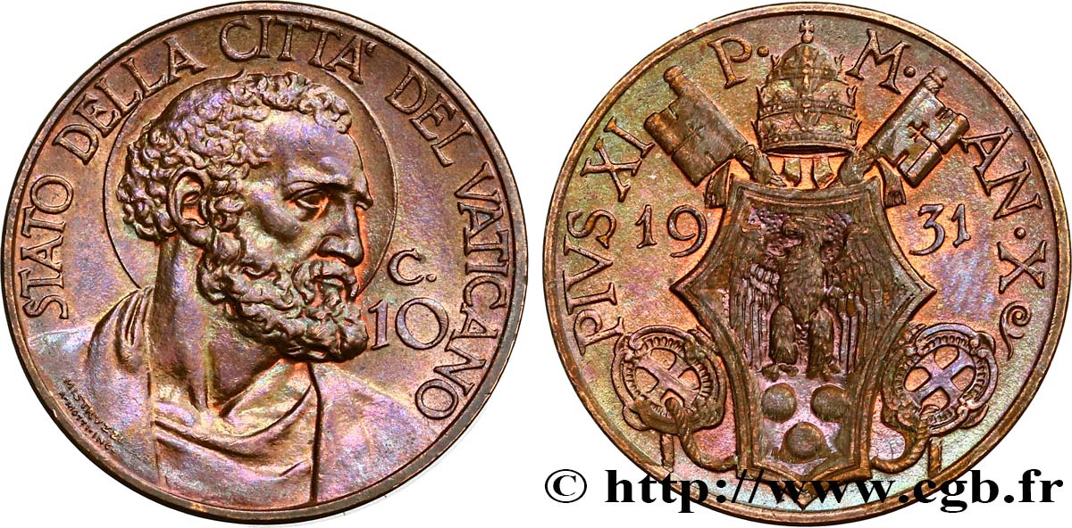VATICAN ET ÉTATS PONTIFICAUX 10 Centesimi Pie XI an X 1931 Rome SPL 