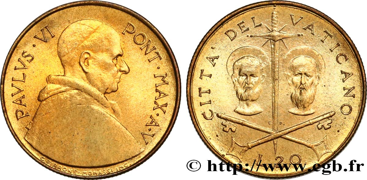 VATICAN ET ÉTATS PONTIFICAUX 20 Lire Paul VI an V / Saint Pierre et Saint Paul 1967 Rome SPL 