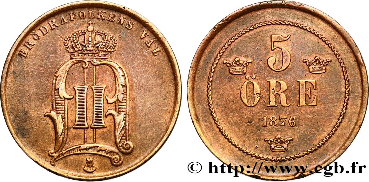 SUÈDE 5 Ore Oscar II 1876  TTB 