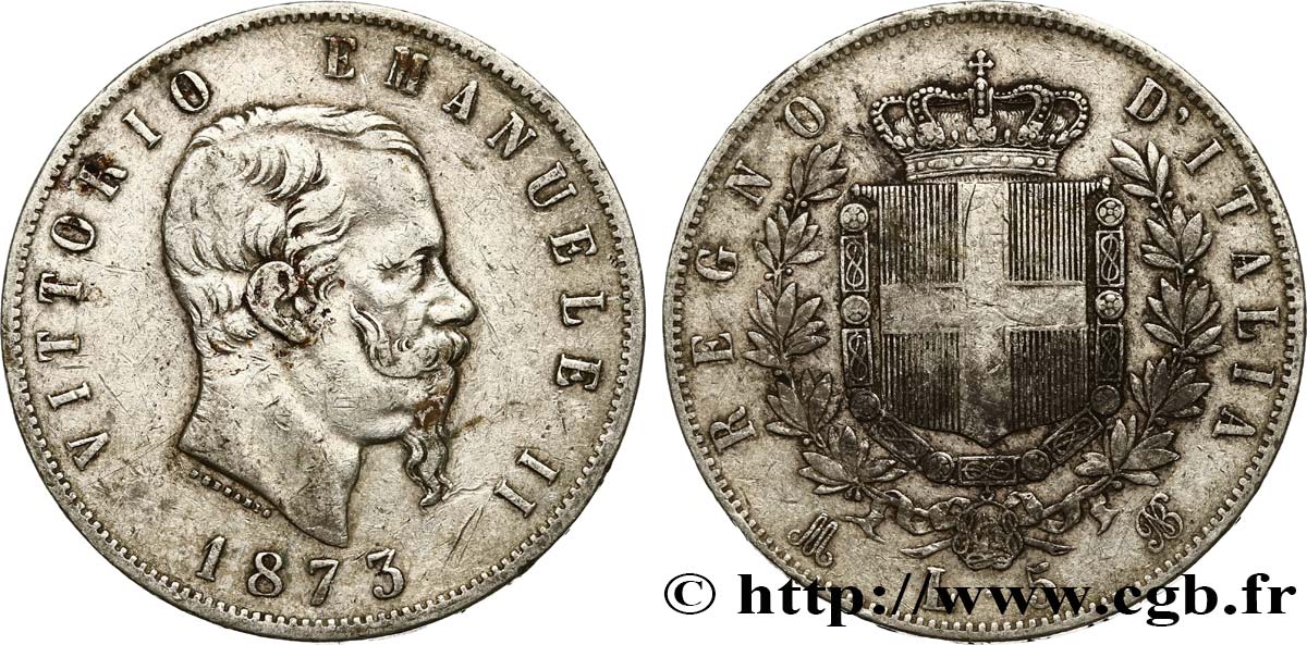 ITALIE 5 Lire Victor Emmanuel II 1873 Milan TB+ 