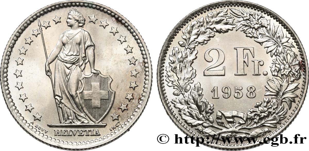 SWITZERLAND 2 Francs Helvetia 1958 Berne MS 