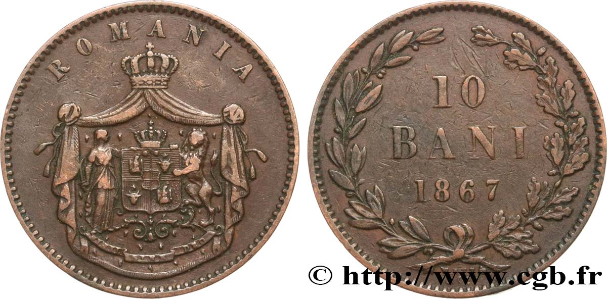 ROMANIA 10 Bani armes 1867 Watt & Co q.BB 