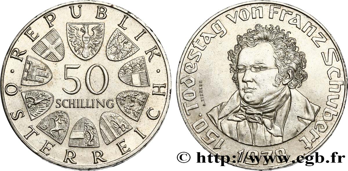 ÖSTERREICH 50 Schilling 150e anniversaire de la mort du compositeur Franz Schubert 1978  VZ 
