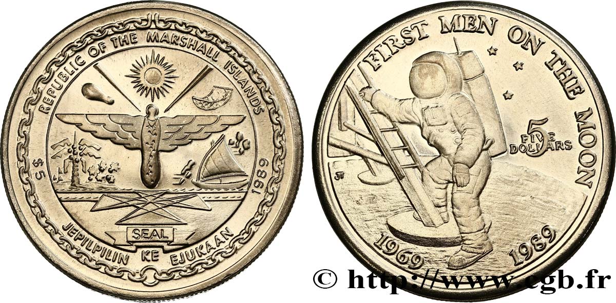 ISLAS MARSHALL 5 Dollars 20e anniversaire du premier homme sur la Lune 1989  FDC 