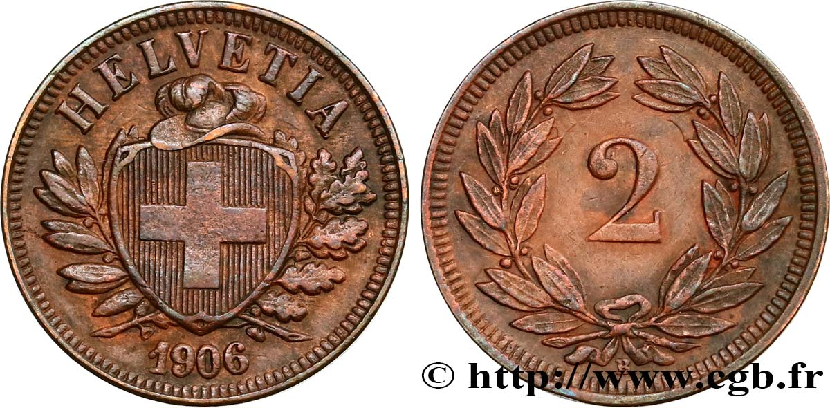SWITZERLAND 2 Centimes 1906 Berne AU 