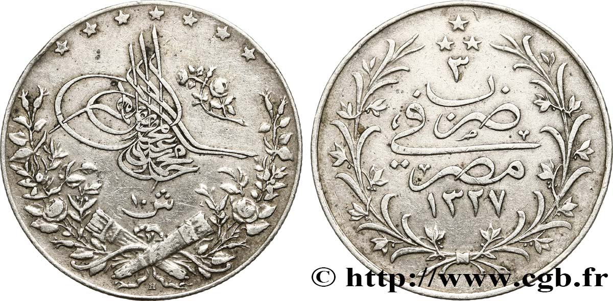 ÉGYPTE 10 Qirsh Muhammad V AH 1327 an 3 1911 Heaton TTB 