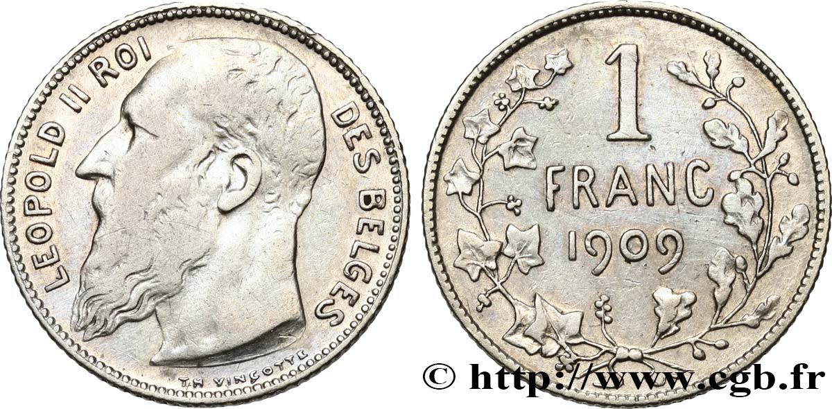 BELGIQUE 1 Franc Léopold II légende française variété sans point dans la signature 1909  TTB 