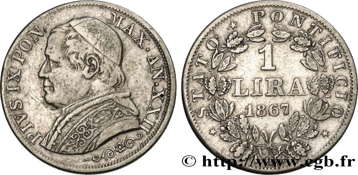 VATICAN AND PAPAL STATES 1 Lira Pie IX an XXI 1867 Rome XF/AU 