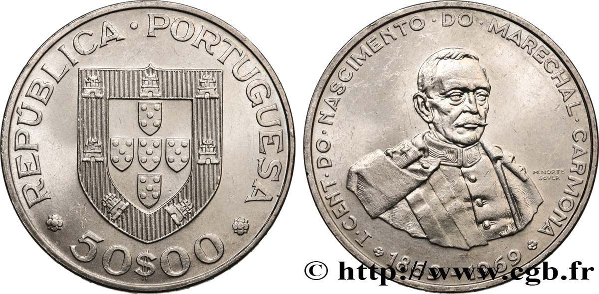 PORTUGAL 50 Escudos Maréchal Oscar Carmona président de la République (1933-1951) 1969  EBC 