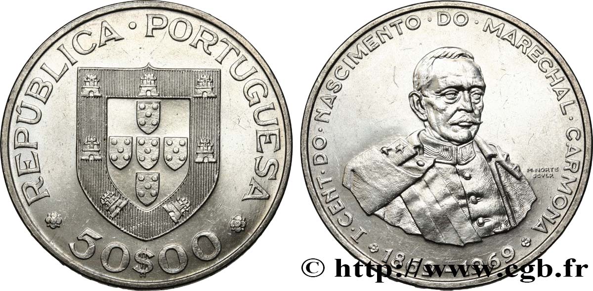 PORTOGALLO 50 Escudos Maréchal Oscar Carmona président de la République (1933-1951) 1969  SPL 