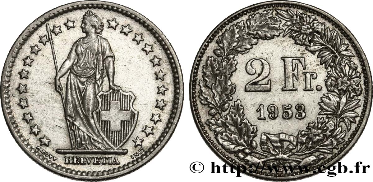SWITZERLAND 2 Francs Helvetia 1953 Berne - B AU 