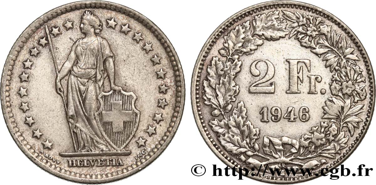 SCHWEIZ 2 Francs Helvetia 1946 Berne fVZ 
