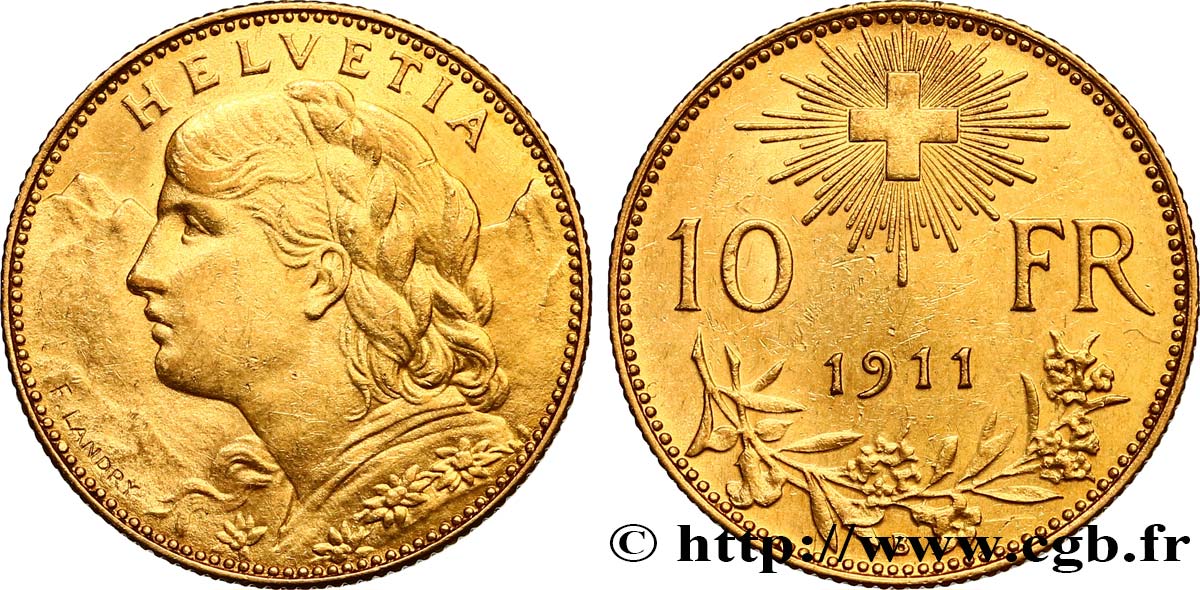 SWITZERLAND 10 Francs or  Vreneli  1911 Berne AU/AU 