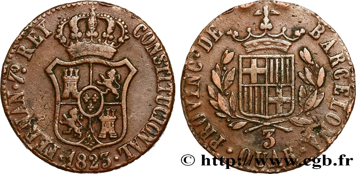 ESPAGNE - BARCELONE 3 Quartos province de Barcelone 1823  TB+ 