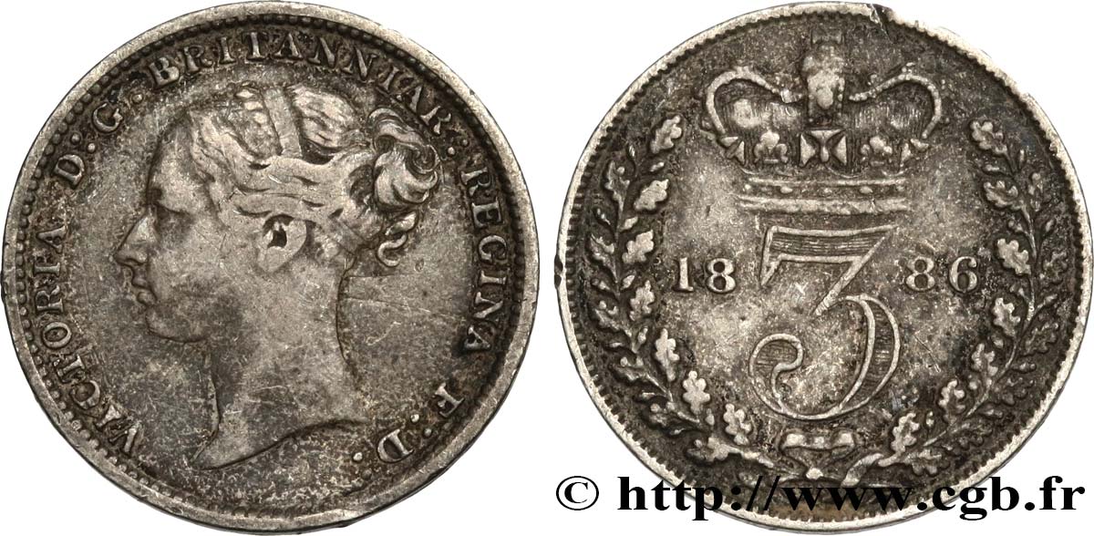 UNITED KINGDOM 3 Pence Victoria “Bun Head” 1886  VF 